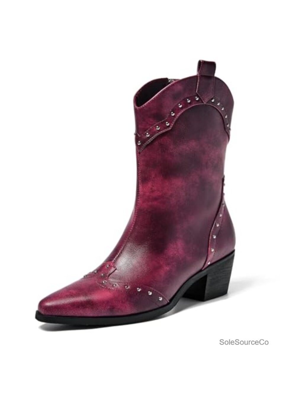Studded Western Ankle Boots Low Block Heel Cowboy Booties Zip Pointed Toe